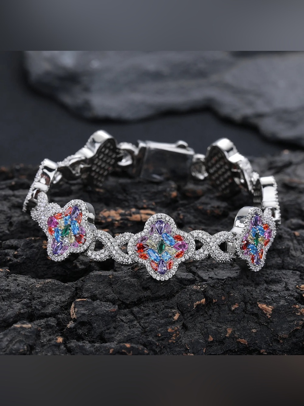 Silver-Tone Clover Multicolor Cuban Chain gemstone Unisex Bracelet